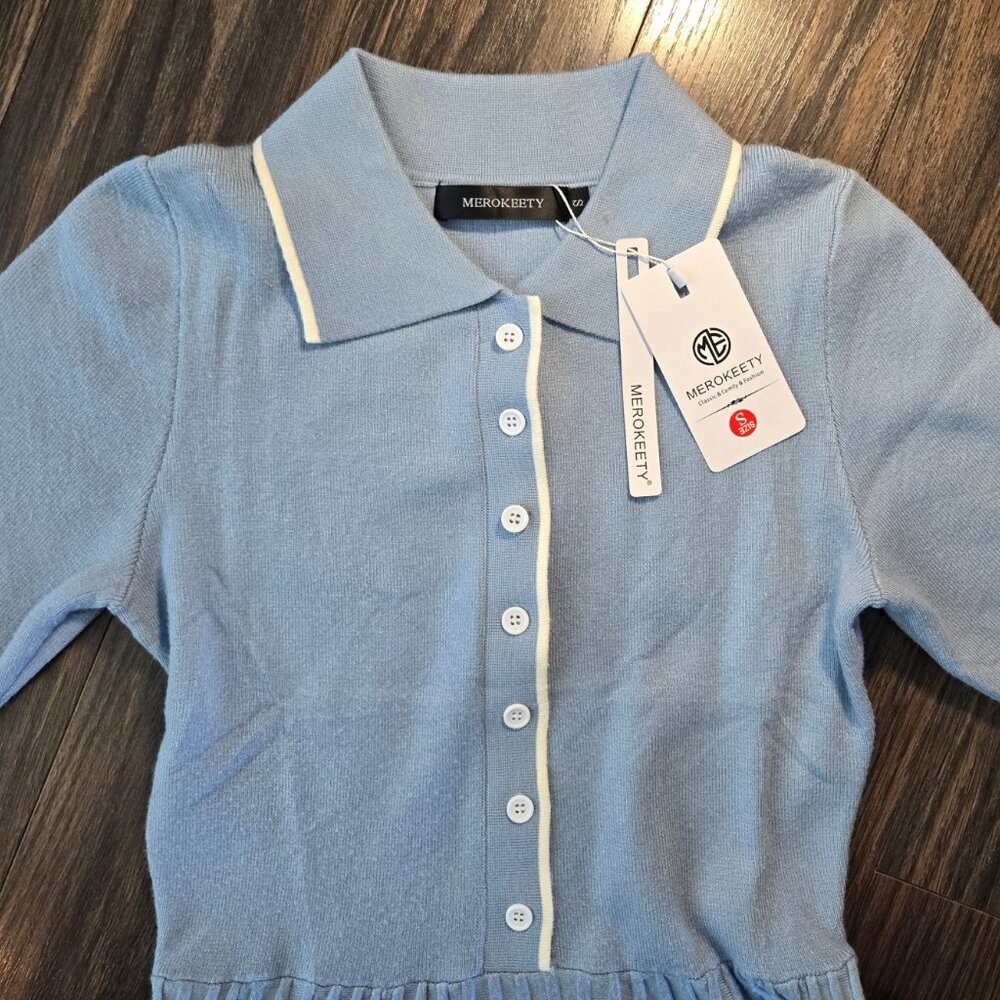 MEROKEETY Preppy Style Light Blue Fit & Flare Sweater Dress NWT/SIZE S - Picture 4 of 4
